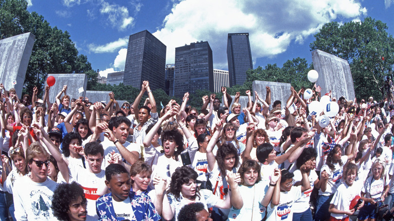 A crowd of people participating in Hands Across America in New York City