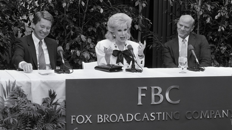 Joan Rivers speaking at a press conference announcing the new Fox television network