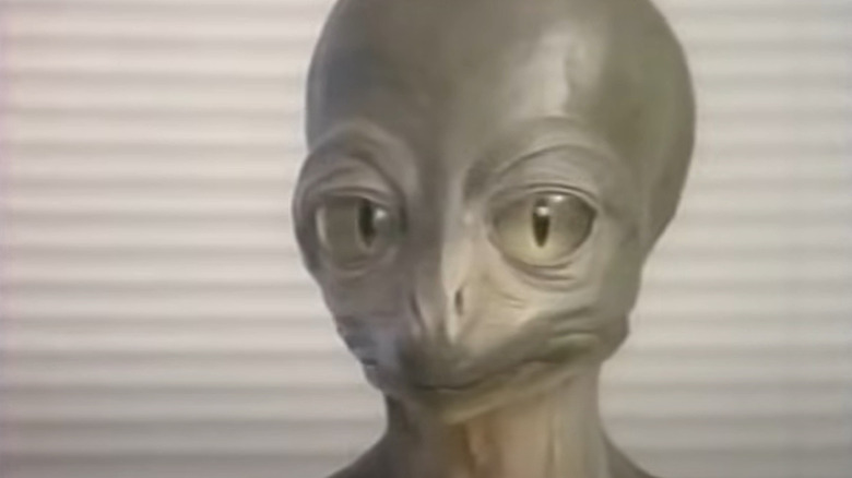 A model of an evolved "dinosauroid" stares at the lens