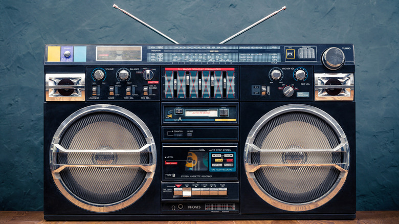 Vintage boombox on a wooden table