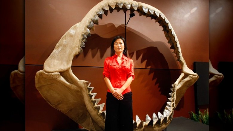 Megalodon jaws with woman standing in front