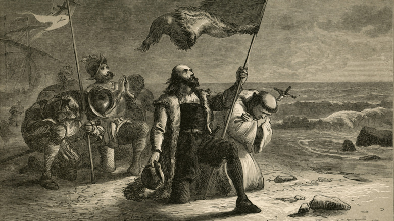 Illustration of Christopher Columbus kneeling on shore holding a flag