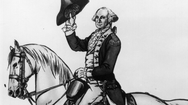 Illustration of george washington holding up hat on horseback