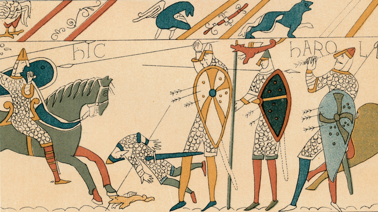 section of the bayeux tapestry with death of harold