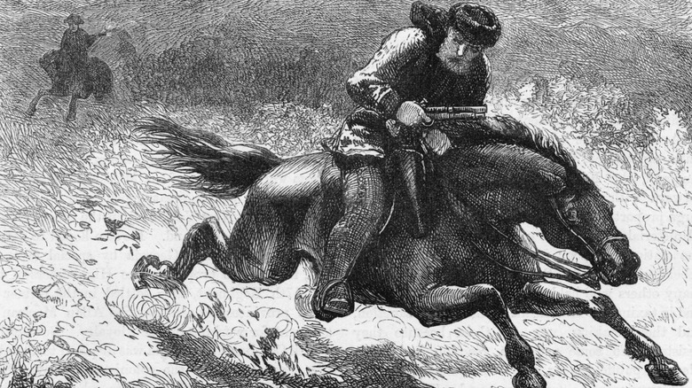 Illustration of Paul Revere riding a horse being pursued