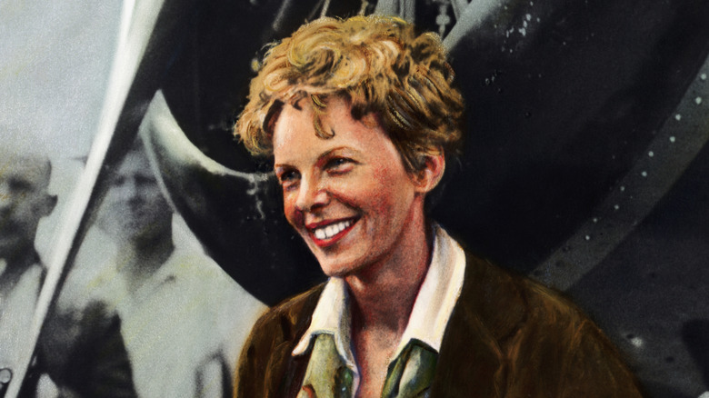 colored portrait of Amelia Earhart smiling by her plane