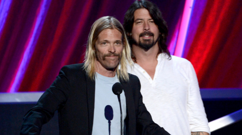Taylor Hawkins and Dave Grohl of Foo Fighters speaking at event
