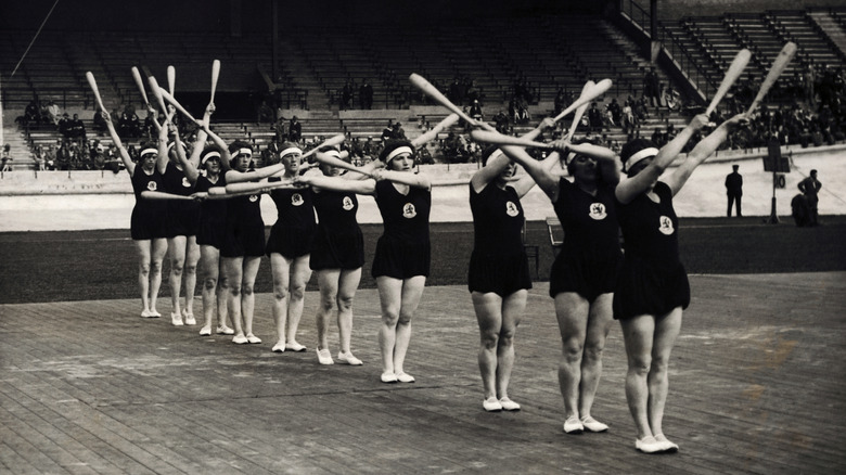 The Dutch women's gymnastics team competing at the 1928 Olympics