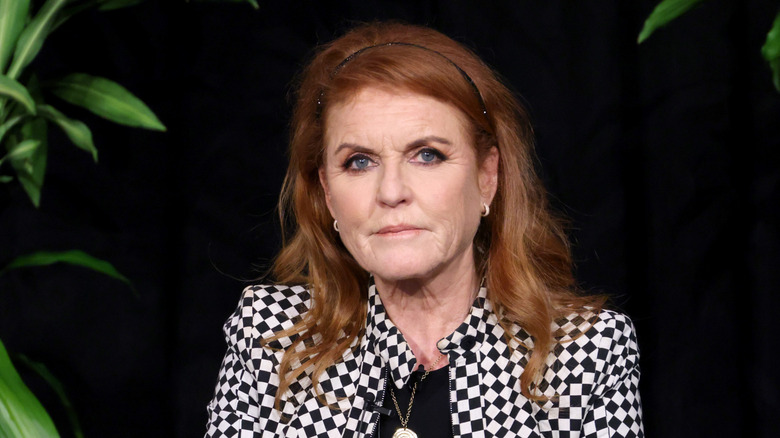 Sara Ferguson sat in checkered monochrome suit
