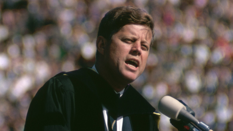John F. Kennedy delivering speech in front of crowd