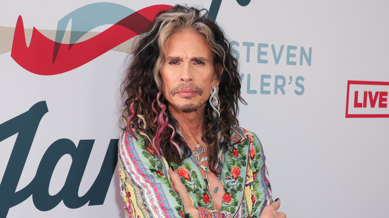 Steven Tyler posing in front of a background on a red carpet