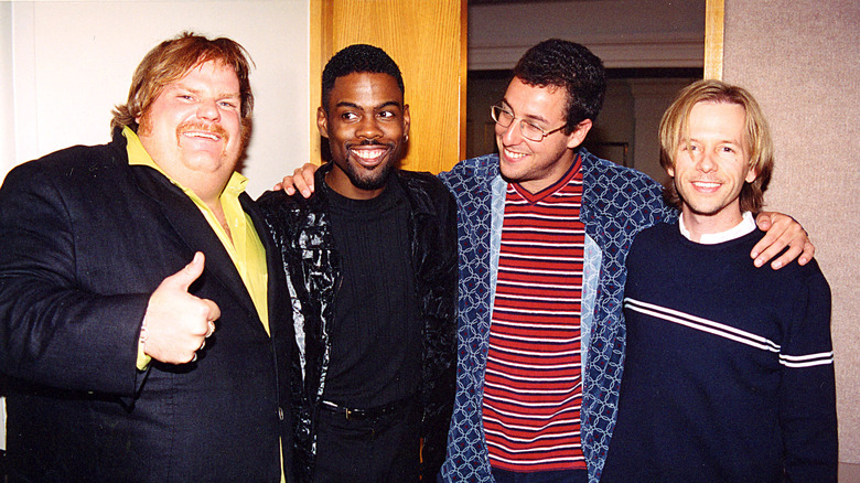 Chris Farley, Chris Rock, Adam Sandler, David Spade embracing in '90s