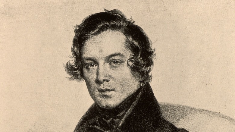 Sketch of young Robert Schumann, brown hair to ears high collar