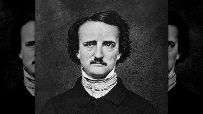 portrait of Edgar Allan Poe with moustache in dark suit and necktie