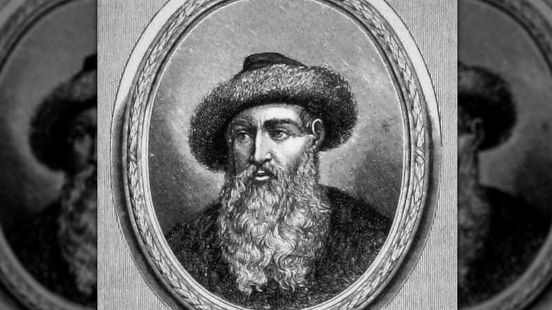 Engraving of Johannes Gutenberg with long beard and wide hat