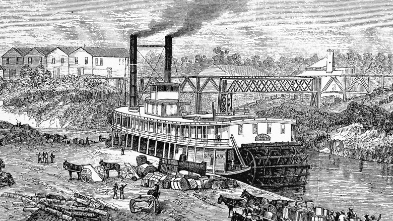 illustration of 19th century steamboat unloading by riverside