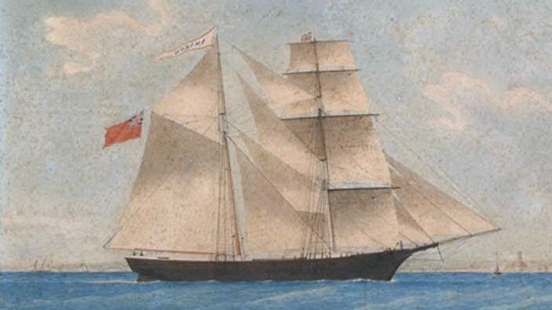 painting sailing ship blue water white sails