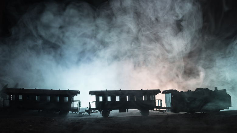 Spooky train cars in fog