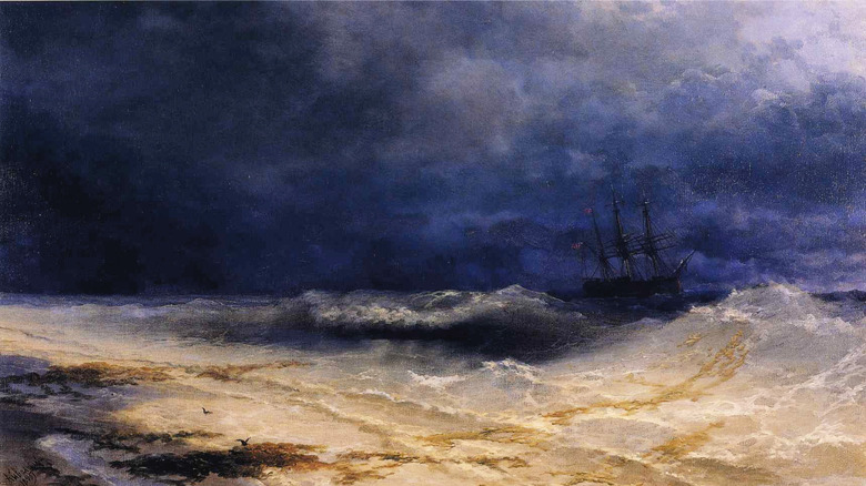 Painting of ship in stormy sea off beach