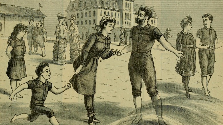 1882 illustration of women's and men's swimsuits