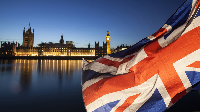 London skyline and British flag