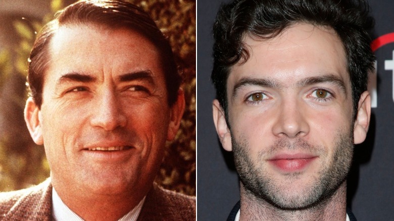 Split screen image of actor Gregory Peck and his grandson, actor Ethan Peck