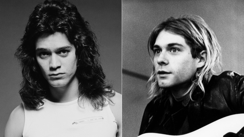Black and white split image of Eddie Van Halen and Kurt Cobain