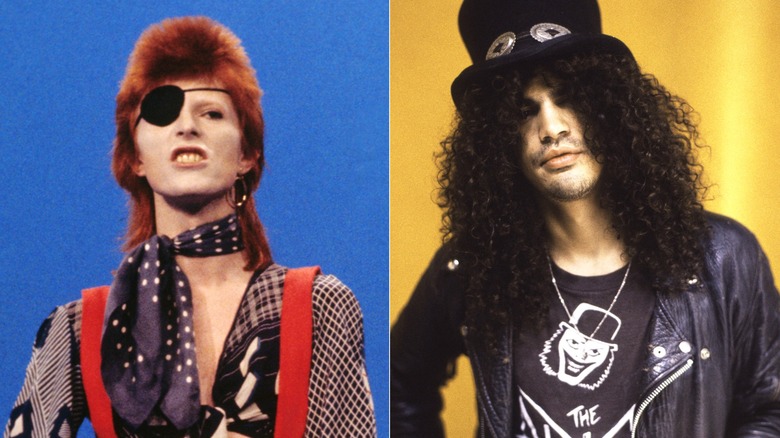 Split image od David Bowie and Slash