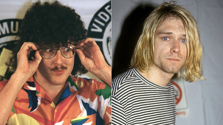 Split image of 'Weird Al' Yankovic and Kurt Cobain