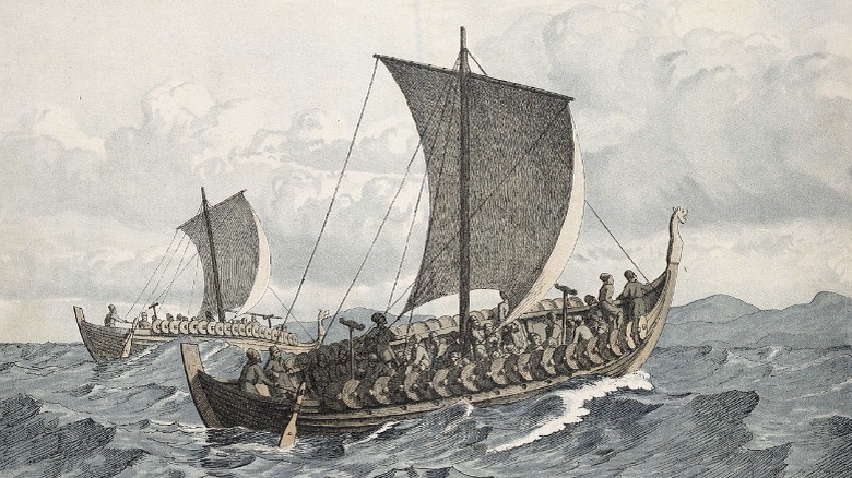 Viking longships at sea