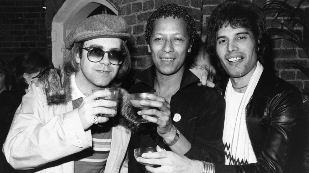 Singer songwriter Elton John with Peter Straker and Freddie Mercury