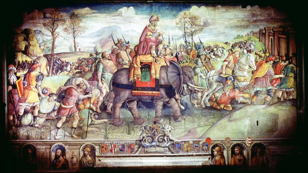 An illustration of Hannibal crossing the Alps.
