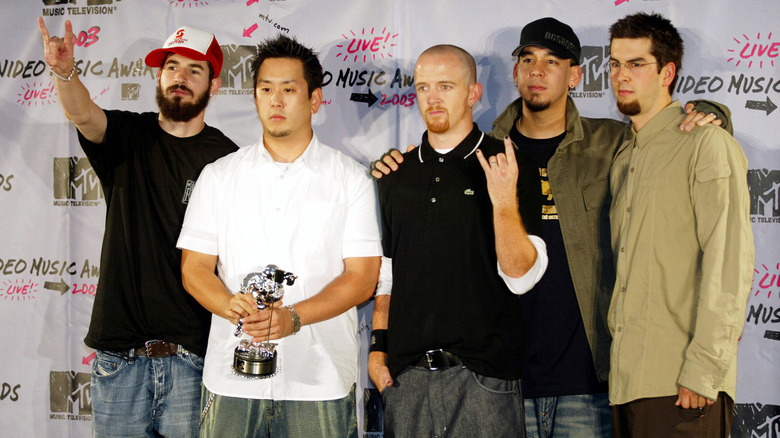 Linkin Park after winning an MTV Video Music Award for "Somewhere I Belong"