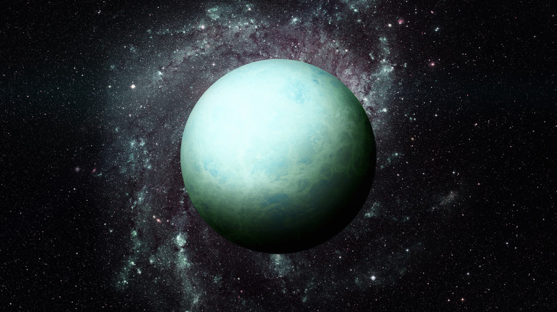 Artist concept of Uranus with a galaxy background