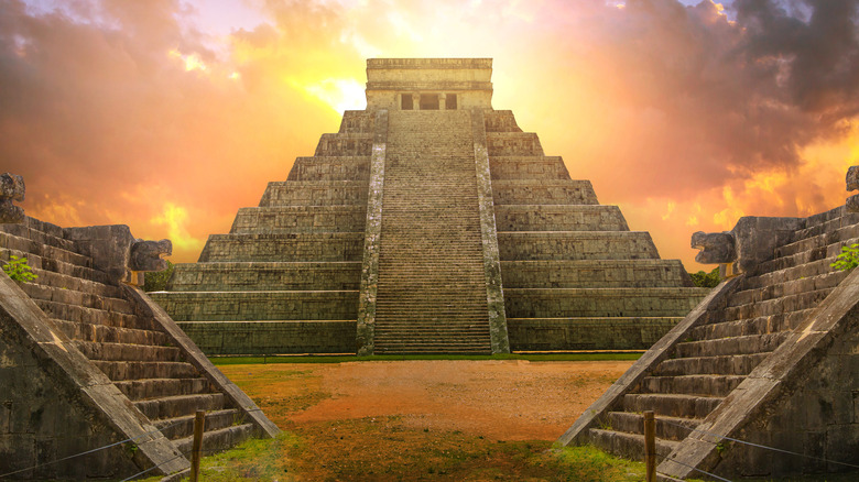 Chichen Itza against cloudy sky