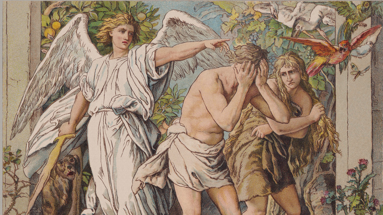 An Angel kicking Adam and Eve out of the Garden of Eden