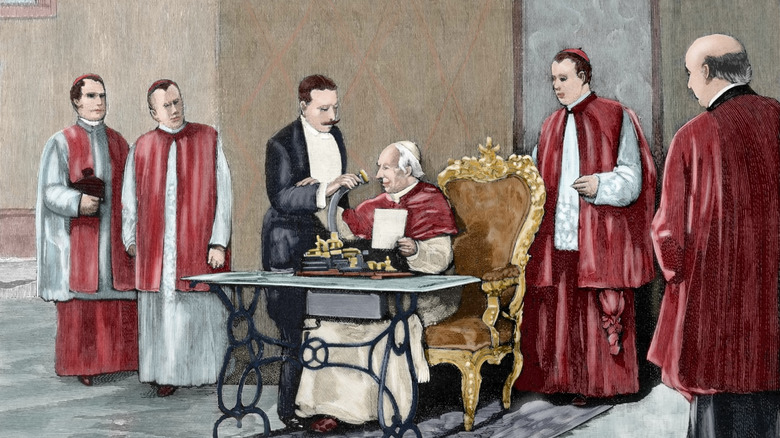 leo xiii sat with cardinals interacting with a gramophone