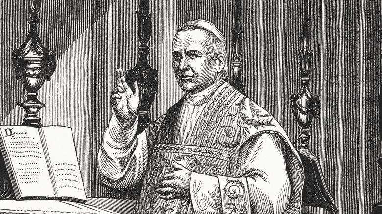 etching of pius ix by book with hand raised
