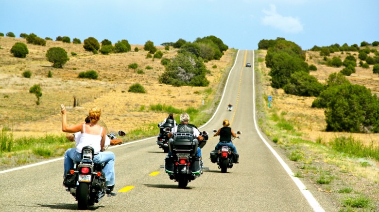 Groups of motorcyclists greeting each other