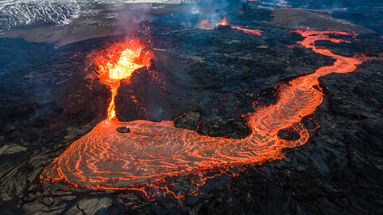 stream of lava from volcano in iceland