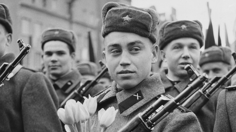 Soviet soldiers wearing ushankas in Germany
