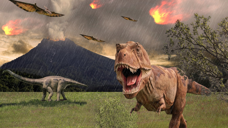 Dinosaur fleeing volcanic eruption
