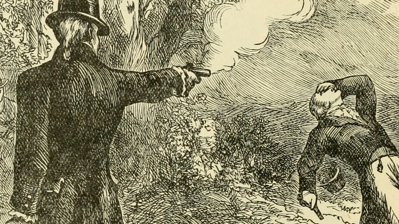 Artist's drawing of duel between Alexander Hamilton and Aaron Burr