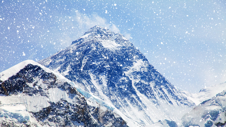 view of mount everest through snowfall