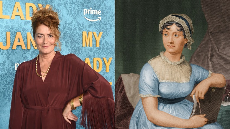 Split image of Anna Chancellor and Jane Austen