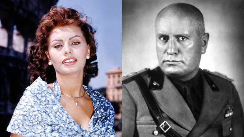 Split image of Sophia Loren and Benito Mussolinni