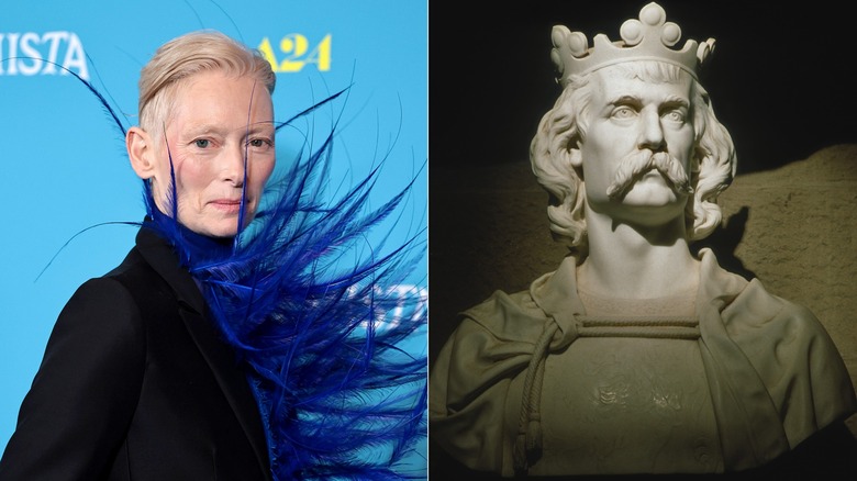 Split image of Tilda Swinton and bust of Robert the Bruce