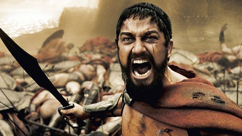 Gerard Butler yelling holding sword in "300"