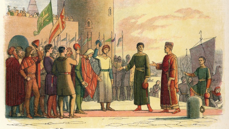 Painting of Henry II with knights outside castle