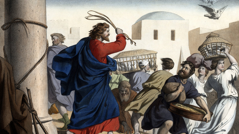 19th century illustration of Jesus wielding a whip in cleansing of the temple